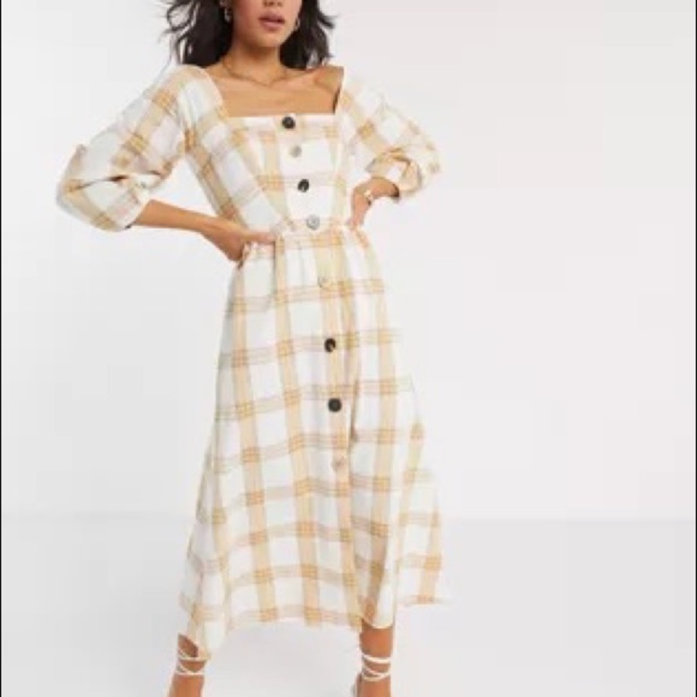 ASOS Yellow Plaid Button Up Casual Skater Dress Size 8